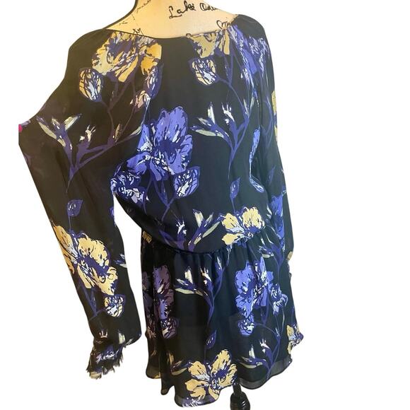 RAMY BROOK MINI DRESS MILENE 100% SILK BLUE FLORAL RUFFLE SMOCKED WAIST SZ S - Picture 15 of 16